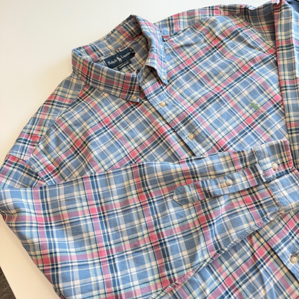 Ralph Lauren Mens 3XB Big Classic Fit Plaid Button Down Shirt Blue Pink Cotton